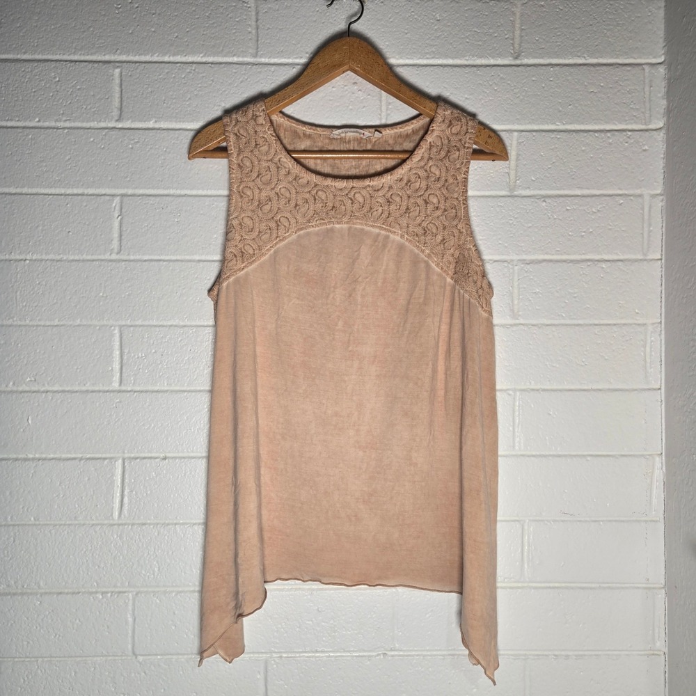 Soft Surroundings Tank Top 1X Peach Crochet Yoke Sharkbite‎ Hem Hippie Bohemian